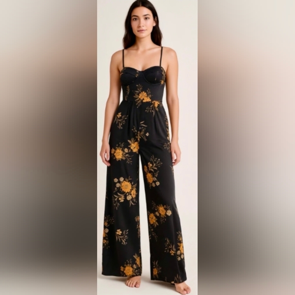 Band of Gypsies Pants - Band of Gypsies Black Floral Sweetheart Corset Wide Leg Jumpsuit Boho Maxi Sz XS